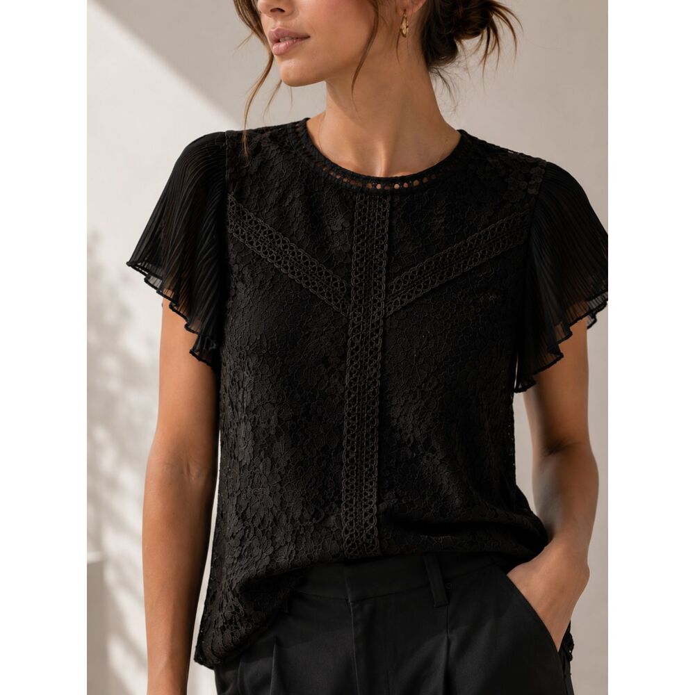 Cable & Gauge Black Floral Lace Blouse Women's XL Pleated Flutter Sleeve NWOT